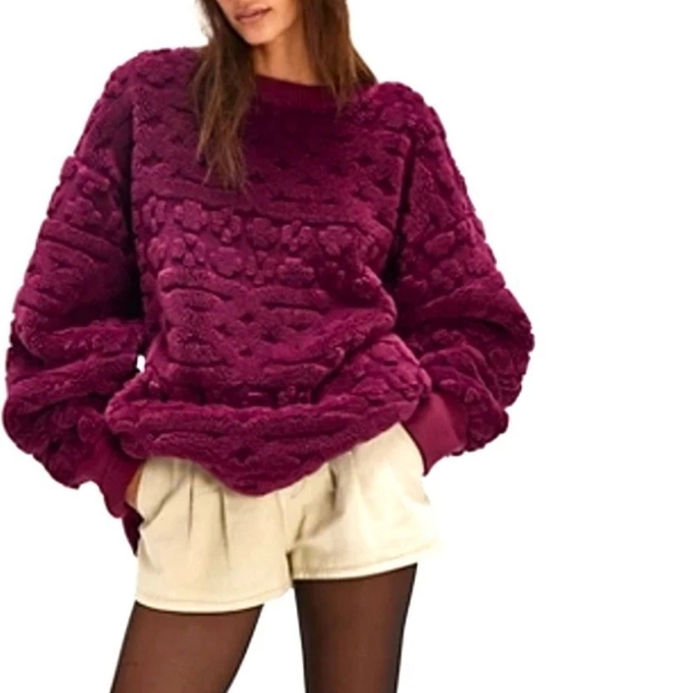 Free People Textured  Oversized Teddy Pullover Sweater Sweatshirt Mulberry small